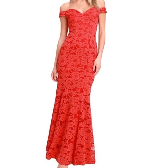 Lulus Red Lace Long Mermaid Off Shoulder Dress Size Large NEW - Picture 1 of 13